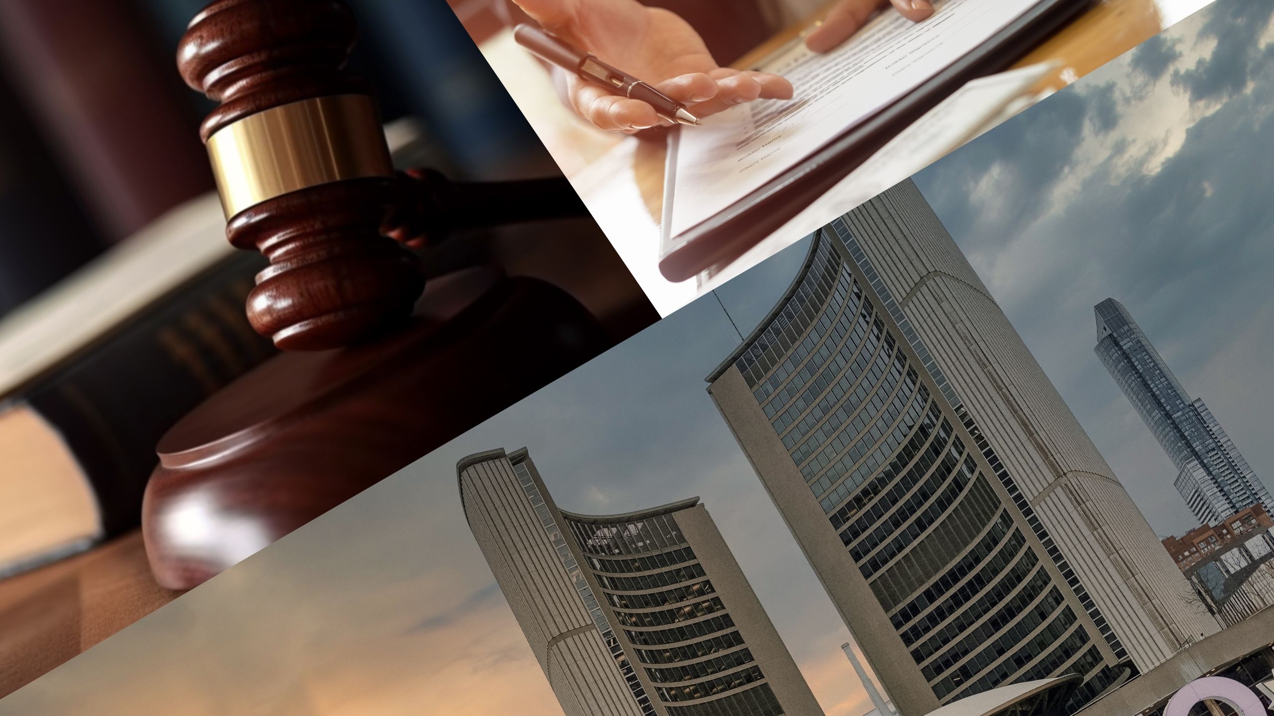 Toronto skyline with house and gavel symbolizing GTA realtor misrepresentation court case