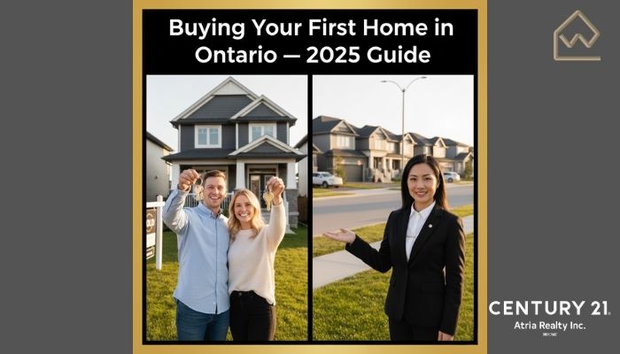 Buying your first home in Ontario 2025 — young couple with realtor celebrating new home purchase in the GTA.